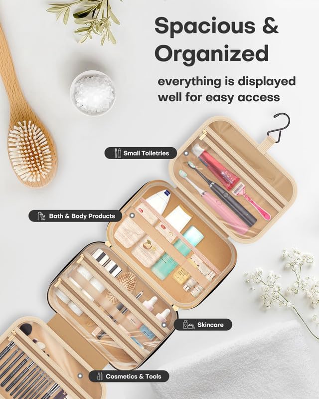 Large Travel Cosmetic Bag with Waterproof Hanging Hook  حقيبة مكياج سفر كبيرة مقاومة للماء مع خطاف تعليق